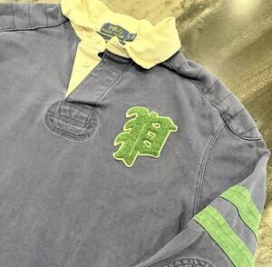 Polo Ralph Lauren Rugby Shirt Large Blue Green Crest Elbow Patches Number 67